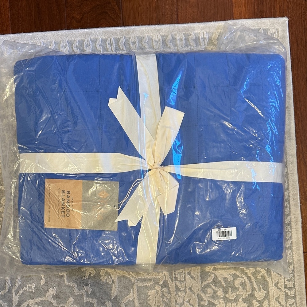 Blue Bamboo Blanket with Ivory Ribbon